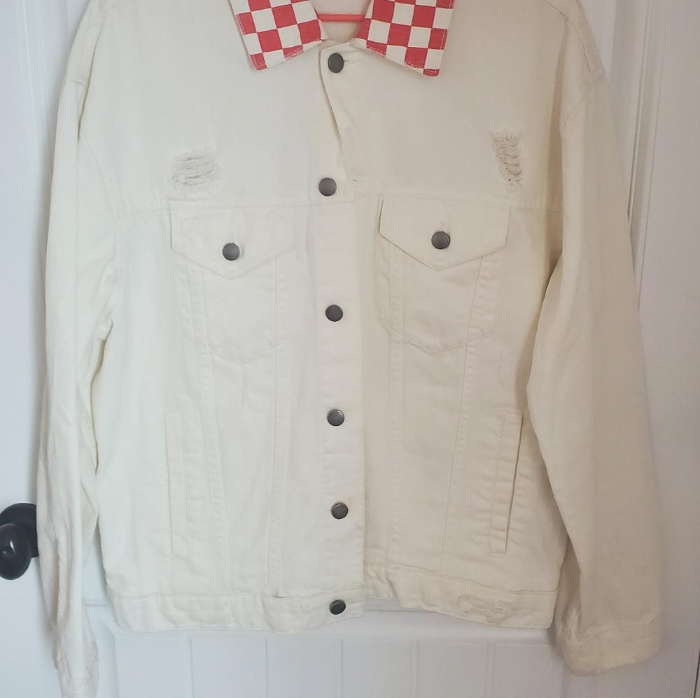 Mens Elwood red and white Jean jacket size large